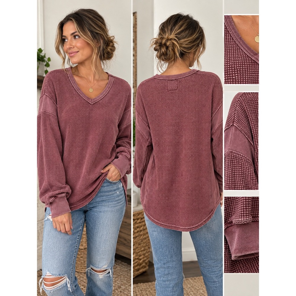C&C California Womens Waffle Knit V-Neck Thermal Top Burgundy Red Medium - Picture 2 of 8